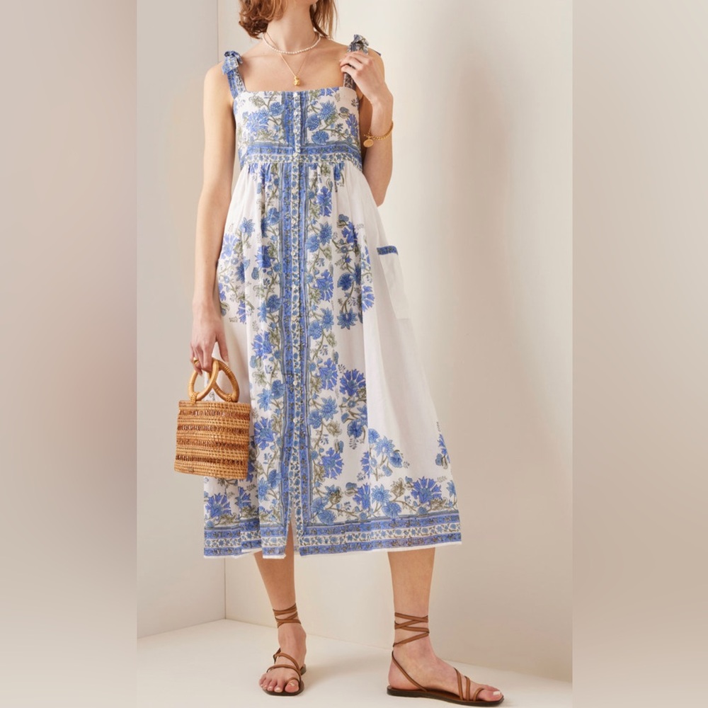 Juliet Dunn Floral Tie-Shoulder Cotton Midi Dress